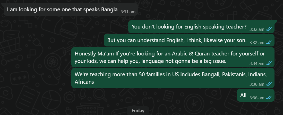 Screenshot of a WhatsApp chat with a lead requesting a Bengali Quran tutor.