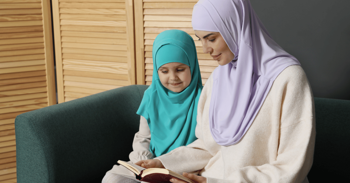 Mother teaching her child correct Quran recitation and Tajweed after Quran completion