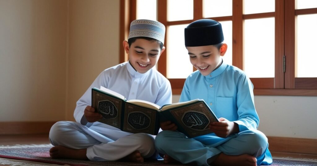 Children reading the Quran together while learning proper Tajweed pronunciation