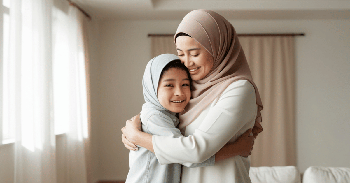 Mother gently embracing her child, representing the best age to start learning Quran through love, readiness, and emotional connection