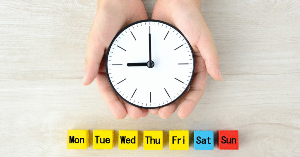 Child Quran learning schedule concept showing weekly days and clock representing how many Quran classes for kids per week