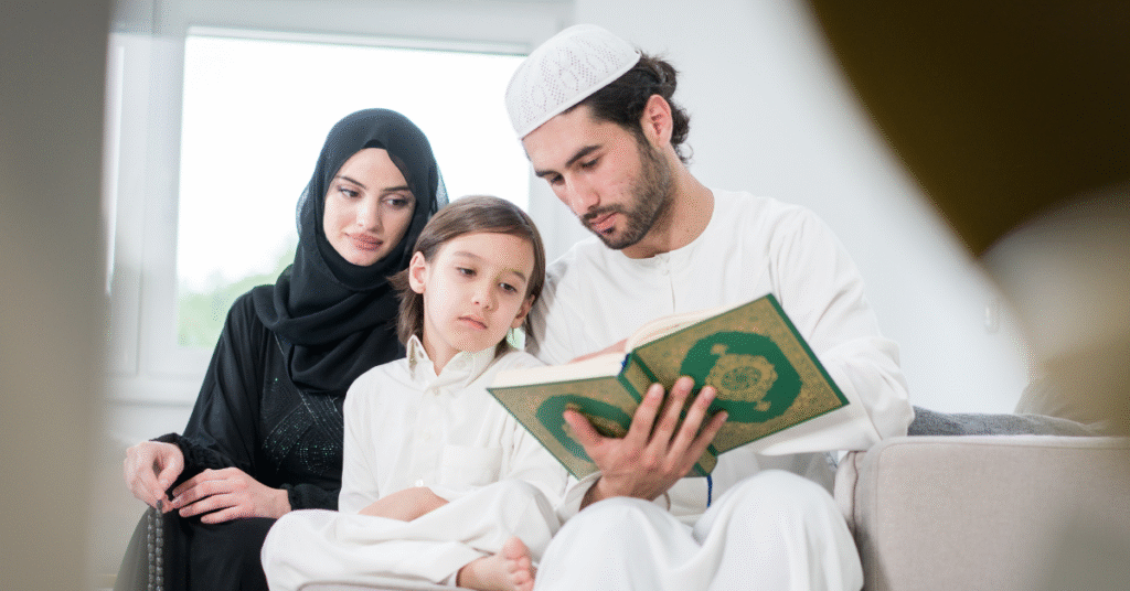 Parents helping their child learn the Quran at home with guidance and support