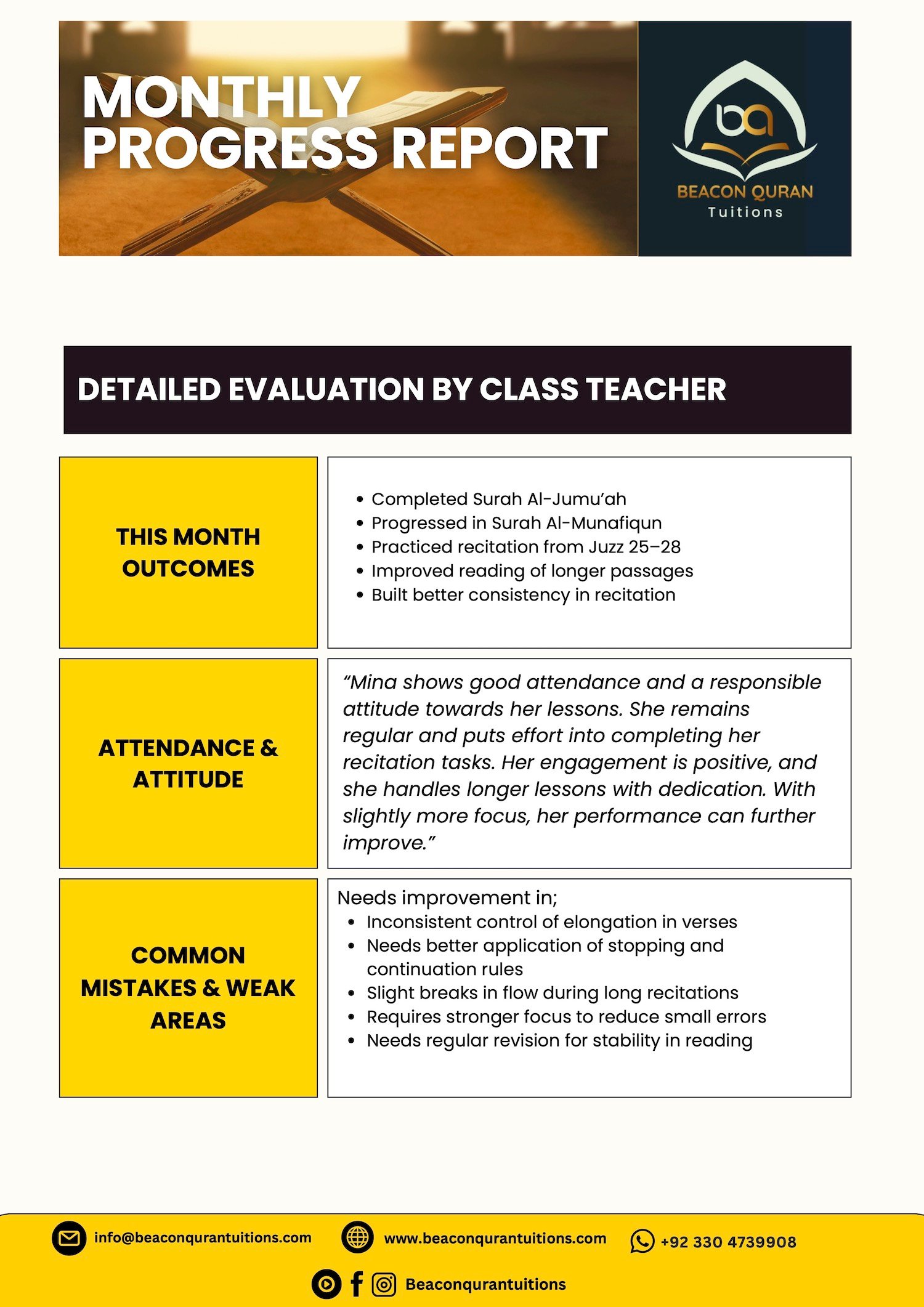 BQT’s Quran Classes with Monthly Progress Reports?